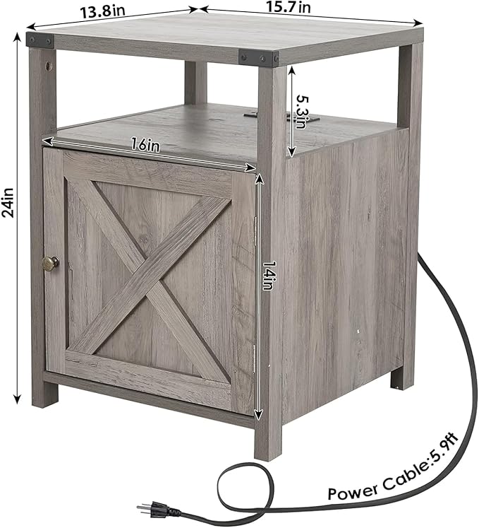 Farmhouse Nightstand with Charging Station, Rustic End Table Bedroom with - Image 3
