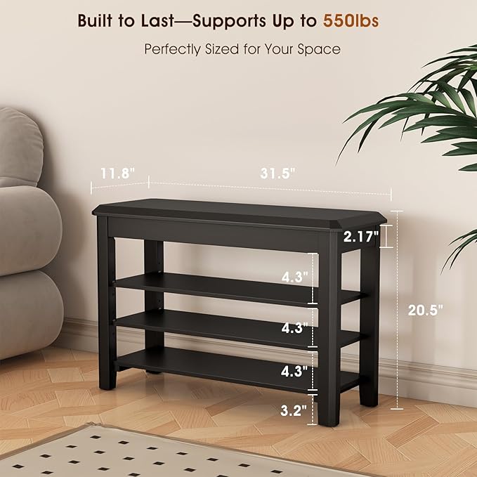 Shoe Rack Bench Seat Rubberwood 3-Tier Wooden Storage Bench 550lbs Compact - Image 2