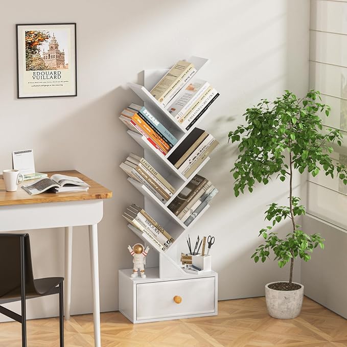 8 Tier Tree Bookshelf with Drawer, Free Standing Wood Bookcase - Image 4