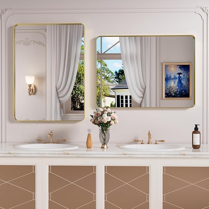 Gold Bathroom Mirror, 24x36 Inch Brushed Gold Metal Frame Mirror - Image 2
