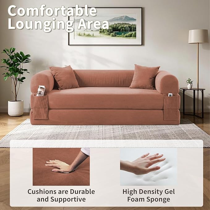 80" Convertible Sofa Bed, Corduroy Deep Seat Folding Pull Out Couch - Image 4