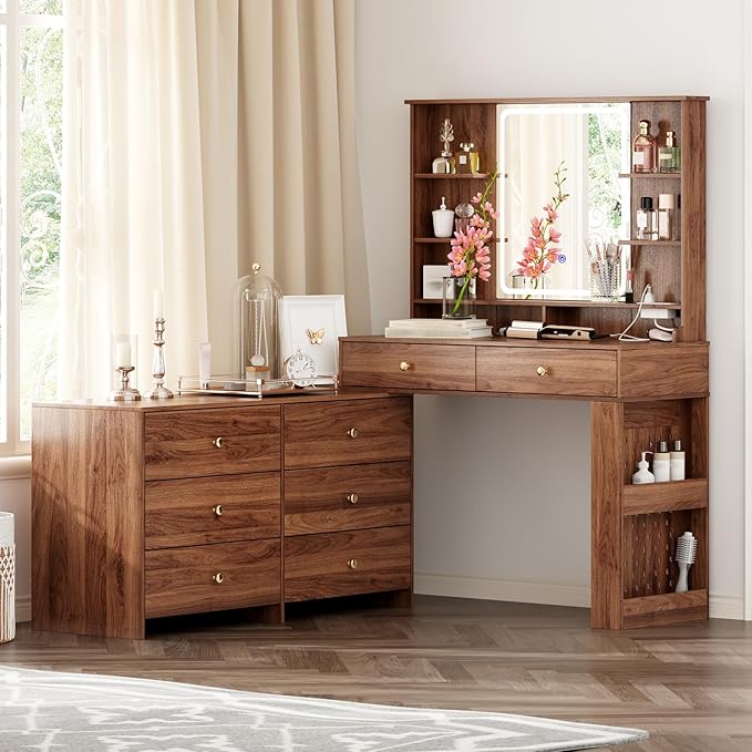 Large Makeup Vanity Desk with Mirror and Lights, Vanity Desk with 8 Drawers & by Ieejdn