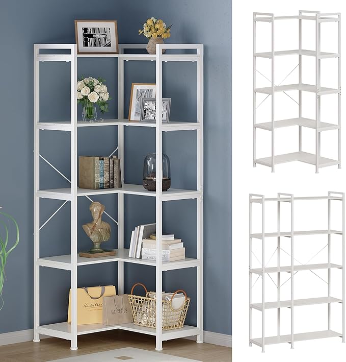 Tohomeor Bookshelf 5 Tier Deformable Corner Bookcase Free Standing Modern by Tohomeor