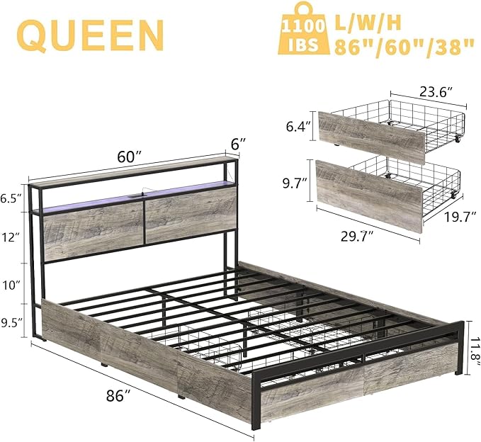 Queen Size Bed Frame with Storage Headboard and 4 Drawers LED Lighting Sturdy - Image 2