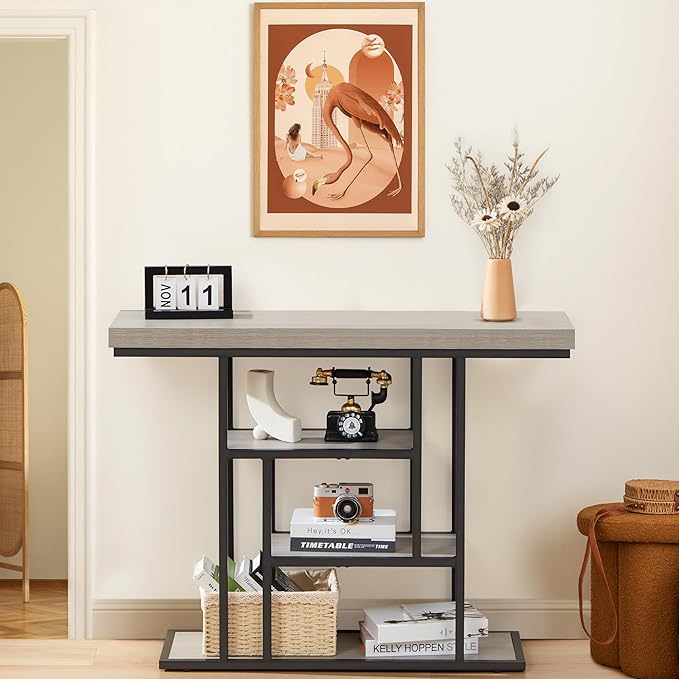 HABUTWAY 42" Industrial Console Table, Narrow 4-Tier Wood Entryway Table - Image 9