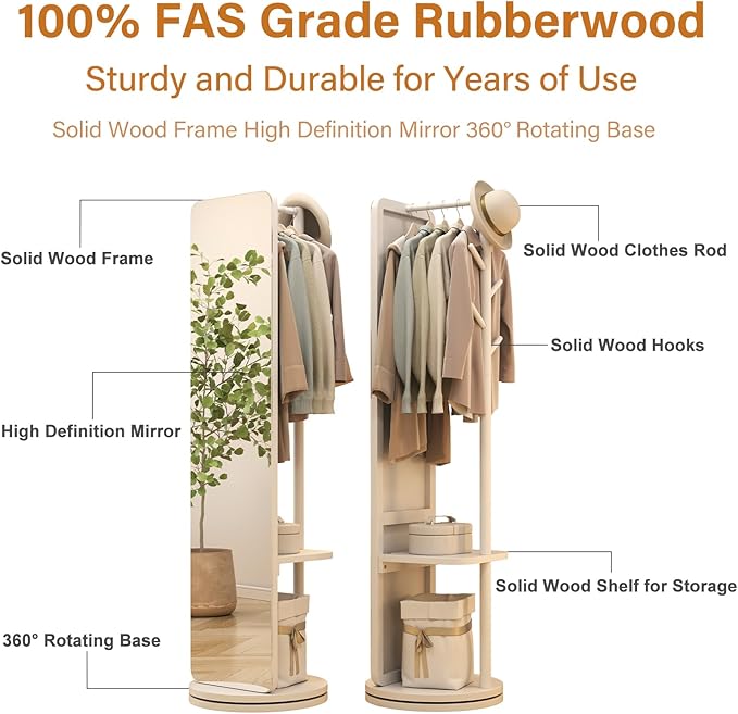70"x16"Full Length Mirror with Stand, Coat Rack with Mirror, Solid Wood Floor - Image 5