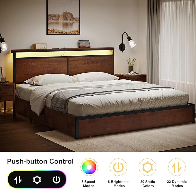 King Bed Frame with Storage Headboard and 4 Drawers Bed Frame King Size with - Image 3