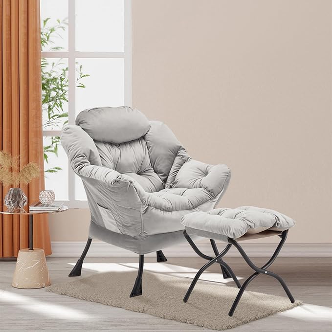 Lazy Chair with Folding Ottoman, Accent Chair Velvet Upholstered with Metal - Image 9