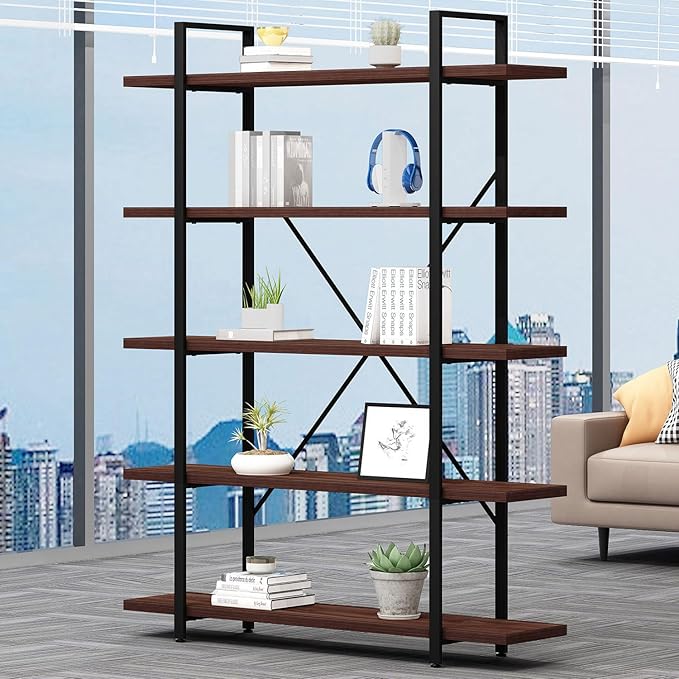 HSH Walnut 5 Tier Bookshelf, Tall Bookcases and Book Shelves 5 Shelf, Large - Image 7