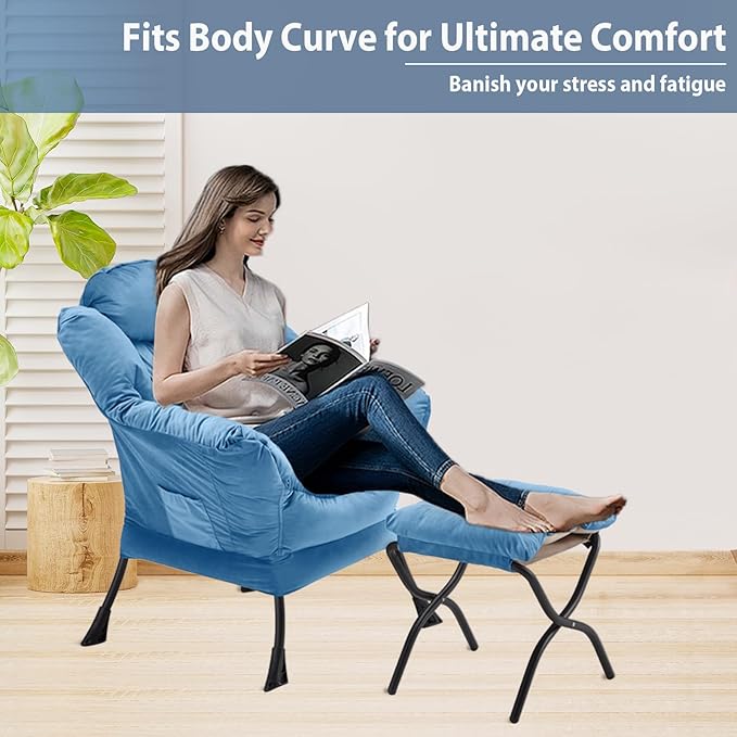 Lazy Chair with Folding Ottoman, Accent Chair Velvet Upholstered with Metal - Image 5