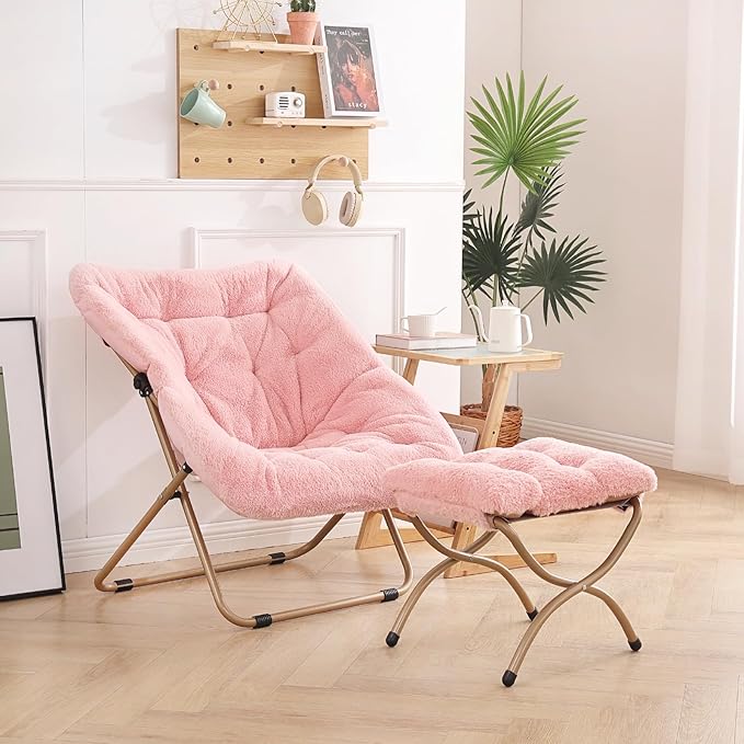 Dorm Chair with Ottoman, X-Large Soft Saucer Chair, Oversized Folding Faux Fur - Image 4