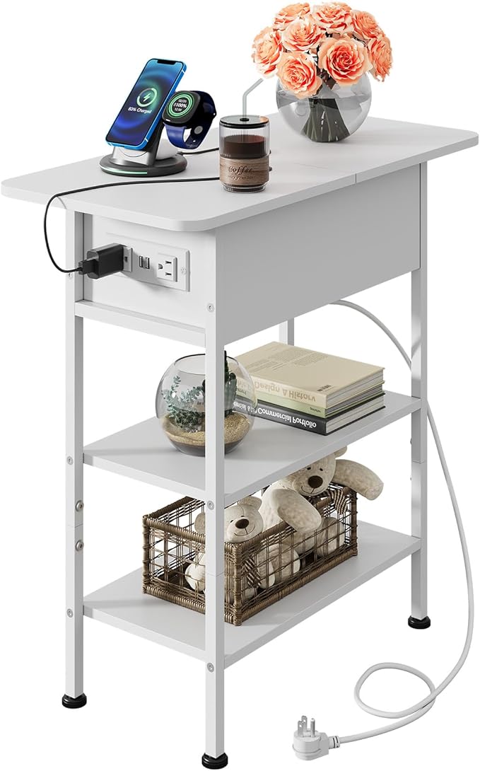 WLIVE End Table with Charging Station, Flip Top Side Table with Storage Shelf by WLIVE