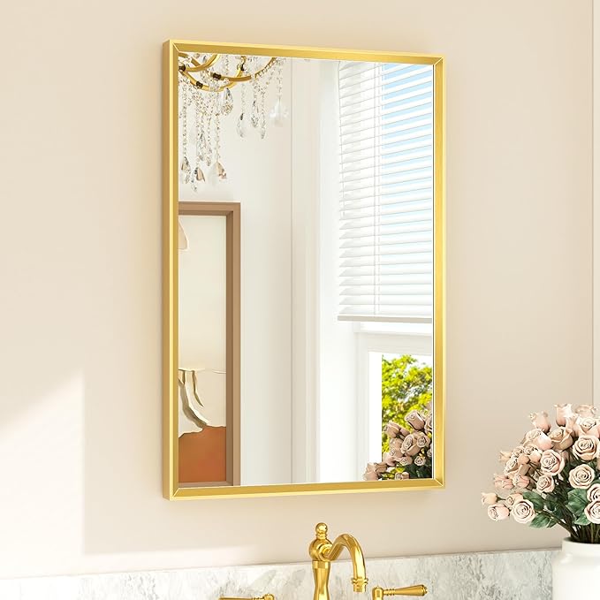 TETOTE Brushed Gold Bathroom Mirror 20" x 30" Brushed Gold Brass Rectangle by TETOTE