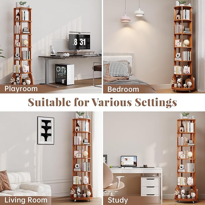 6 Tier Rotating Bookshelf with Locking Casters, 360° Spinning Vertical Bookcase - Image 6
