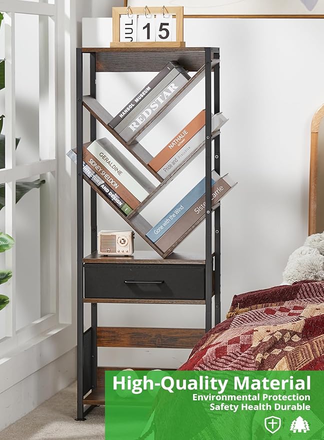 Bookshelf with Drawer, 8 Tier Tree Bookcase Retro Floor Standing Bookshelves - Image 8