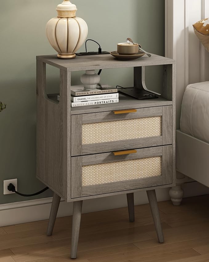 Rattan Nightstand with Charging Station, Modern Bedside Table with 2 Storage by Unknown