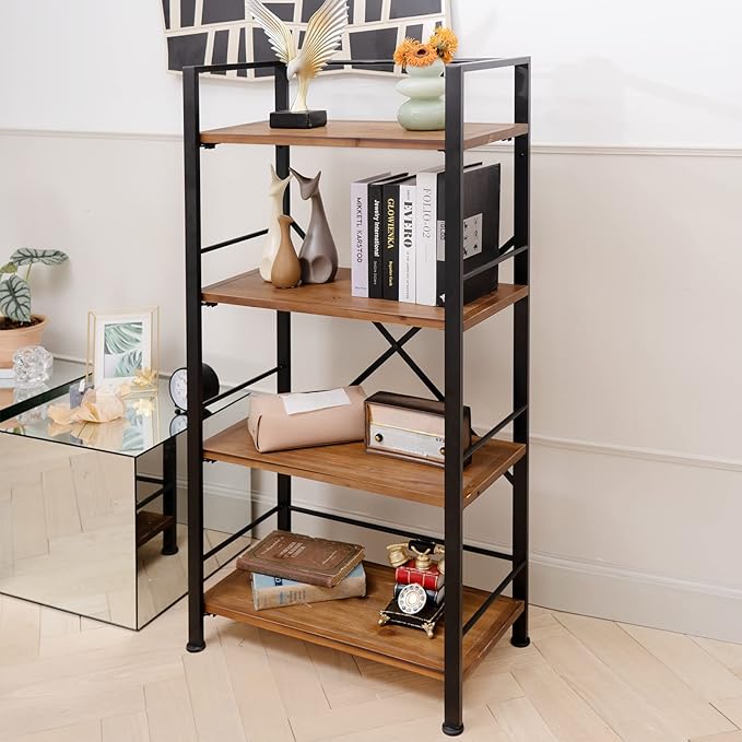 Crofy Rustic Bookshelf, 4 Tier Real Wood Bookshelf, Metal Book Shelf - Image 8