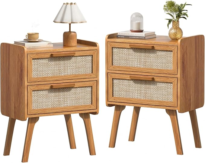 Lerliuo Rattan Nightstands Set of 2, Boho Night Stand by Lerliuo