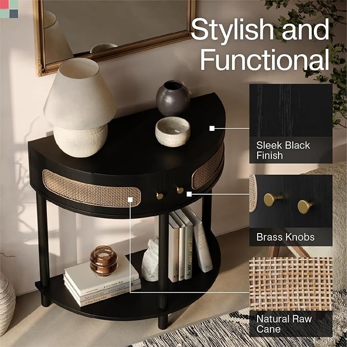 Entryway Table Rattan Half-Moon Console - Image 7
