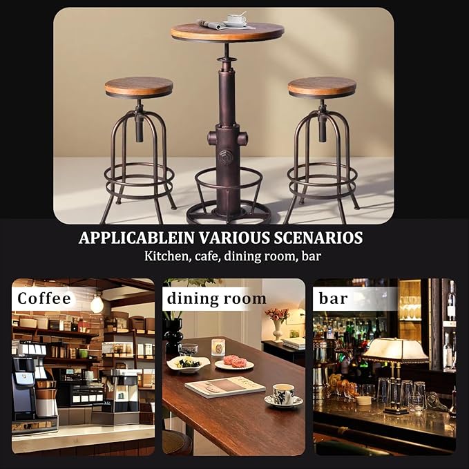 Industrial Bar Table Swivel Round Wooden Top Height Adjustable 38.6-44.4inch - Image 5