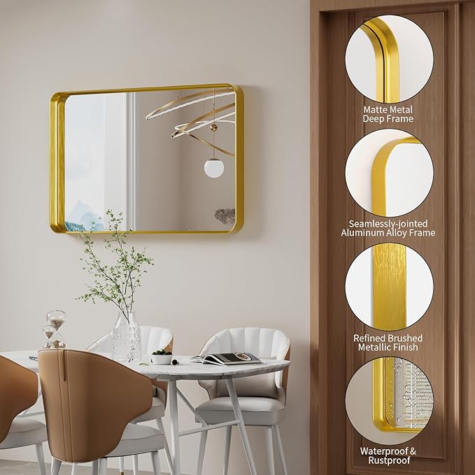 Koonmi Gold Wall Mirror for Bathroom, 24x36 Inch Matte Deep Framed Rounded - Image 4