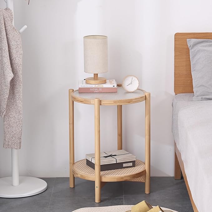 Tiita Rattan Nightstand Side Table, Bamboo Accent Bedside Tables, Glass Coffee - Image 2