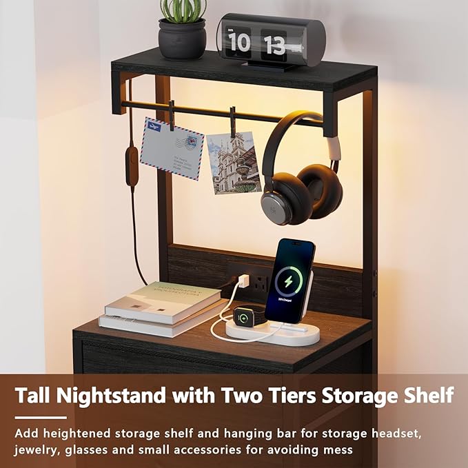 Furnulem Tall Nightstand with Charging Station, Night Stands with LED Lights - Image 4