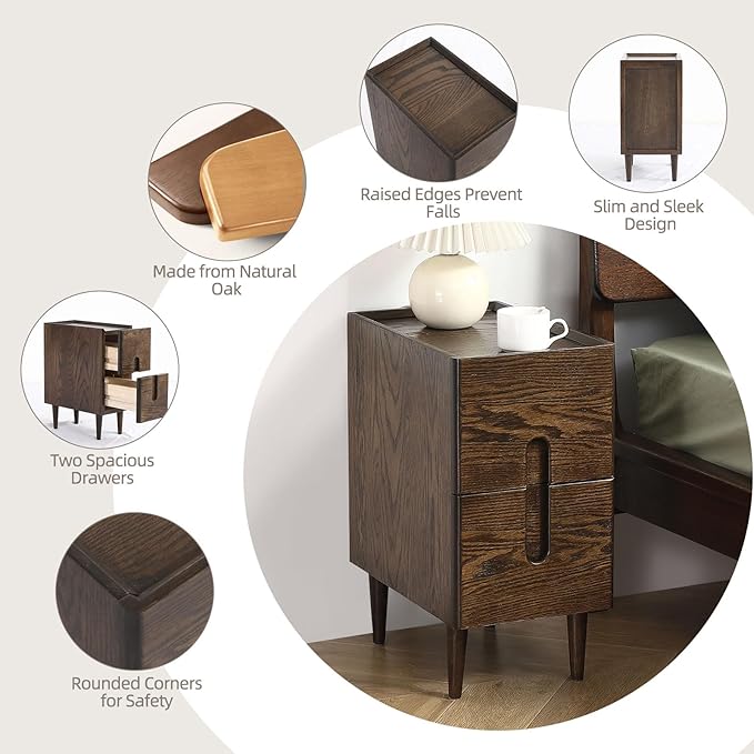 Solid Wood Bedside Table Nightstands, Slim Narrow Oak Real Wooden Mid-Century - Image 3