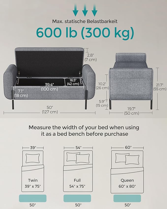 SONGMICS Storage Bench with Armrests, Ottoman - Image 3