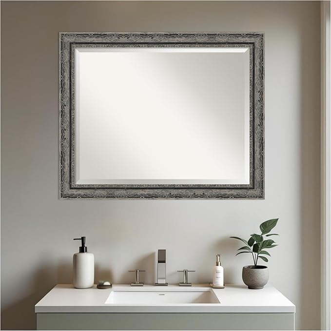 Amanti Art Bathroom Mirror for Over Sink, 27x33 Filigree Matte Black Rectangle - Image 5
