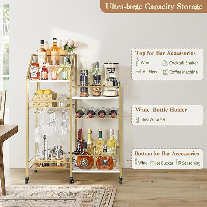 VINAEMO Gold Bar Cart With Wine Glass Holder, Stand - Image 5