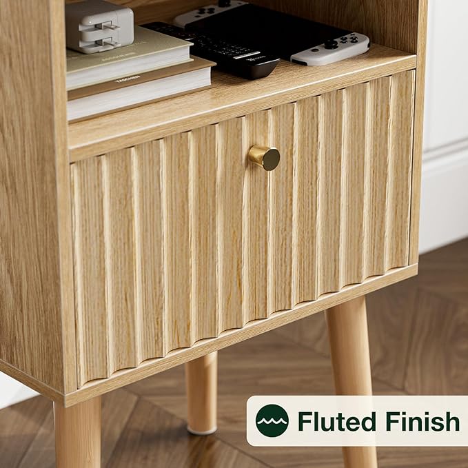 Side Table with Charging Station, Modern End Table with Fluted Drawer, Bedside - Image 5