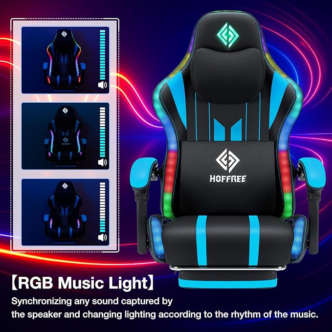HOFFREE Gaming Chair with Music Rhythm RGB LED Lights and Bluetooth Speakers - Image 3