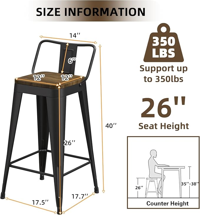 Black Bar Stools Set of 4, Metal Bar Stools - Image 2
