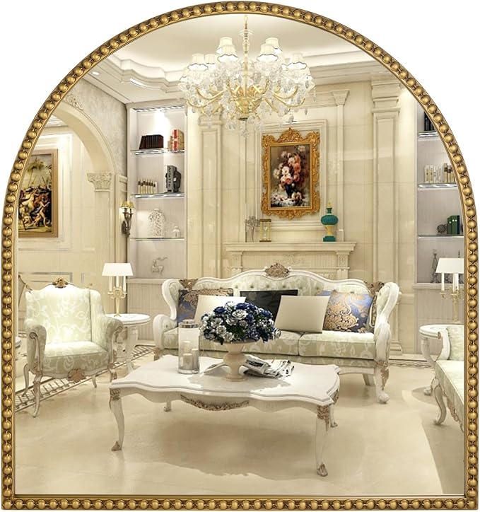 33x31 Inch Arched Bathroom Mirror, Antique Gold Wall Mirror Metal Beaded Frame by Fobule