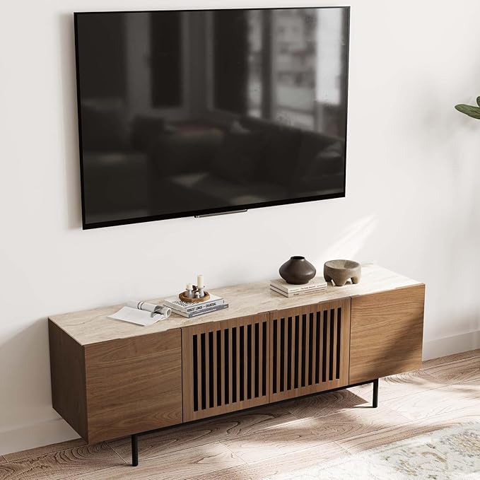 POVISON Fully-Assembled Mid Century Modern Sintered Stone TV Stand, Slatted by POVISON