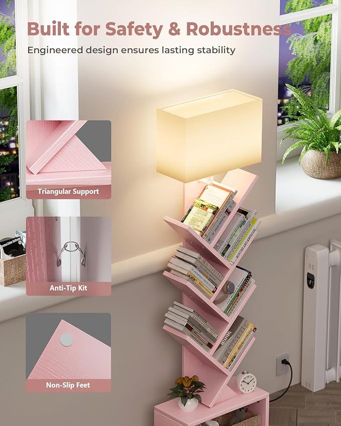 6 Tier Tree Bookshelf with Light, Narrow Bookcase Tower, Tall Floor Standing - Image 6