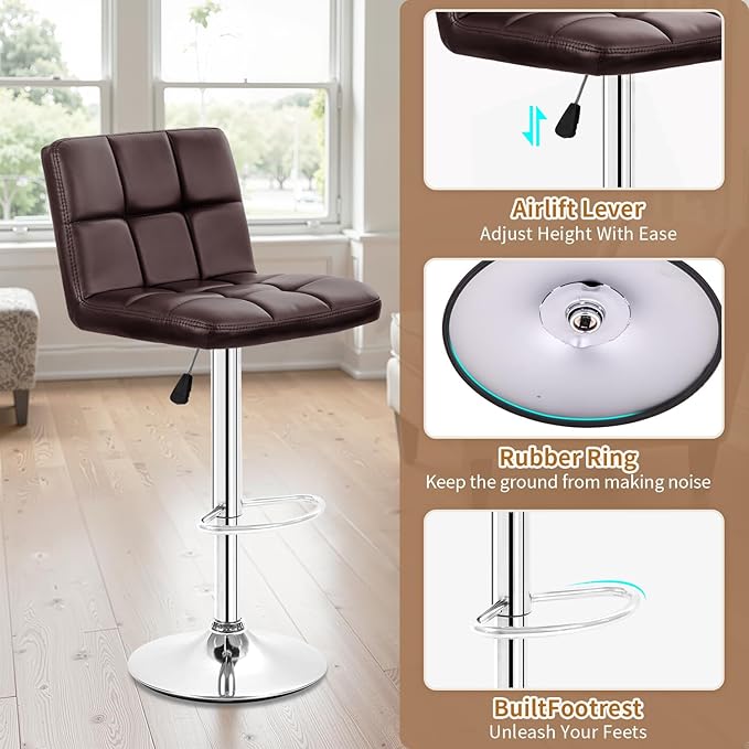 BestOffice Bar Stools Set of 2, Adjustable PU Leather Swivel Barstools - Image 6