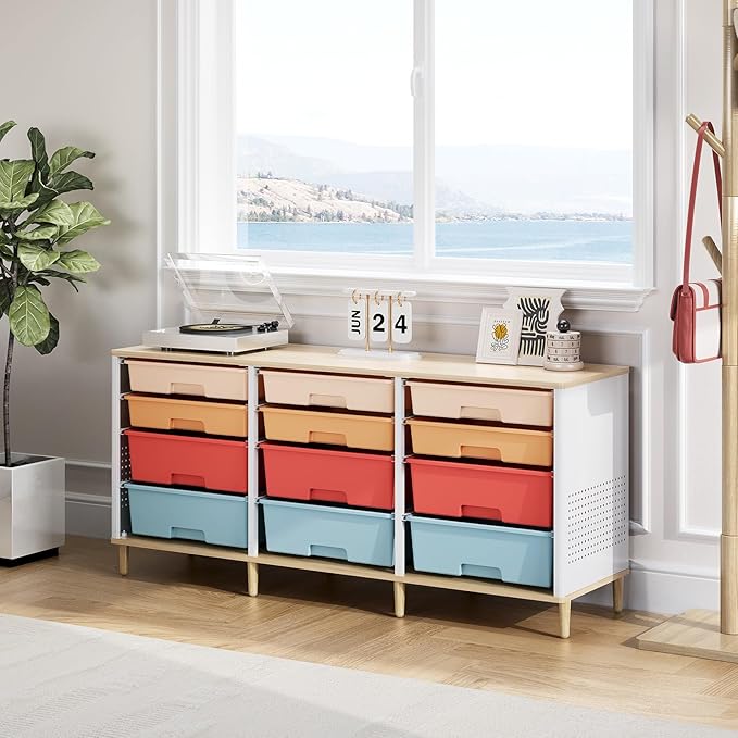 12-Drawer Storage Cabinet with Wooden Tabletop, Versatile Cube Storage - Image 2