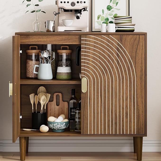 Sideboard Buffet Cabinet with Storage, Walnut Sideboard Buffet with Doors and - Image 3