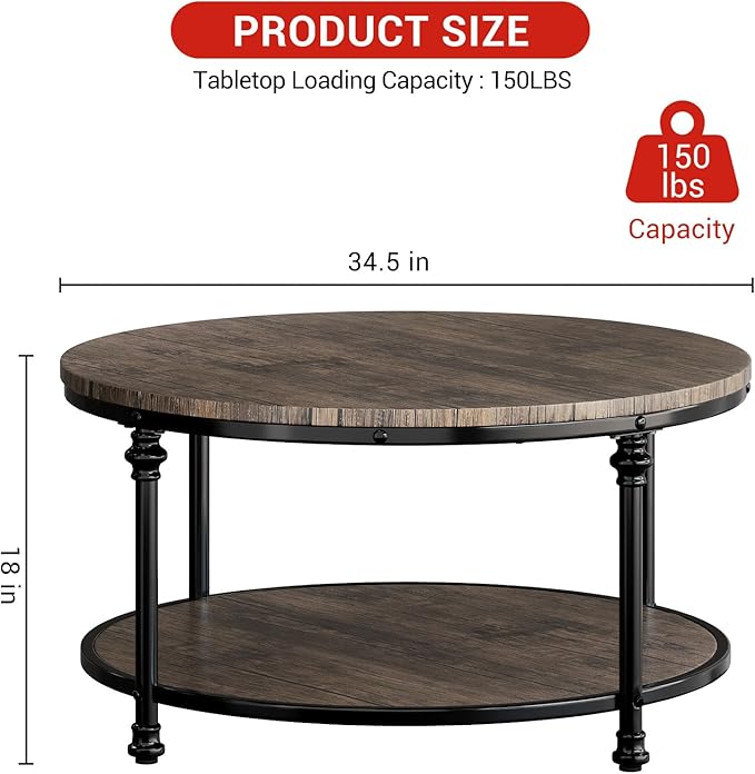 34.25in Round Wood Coffee Table, 2-Tier Small Coffee Table - Image 2