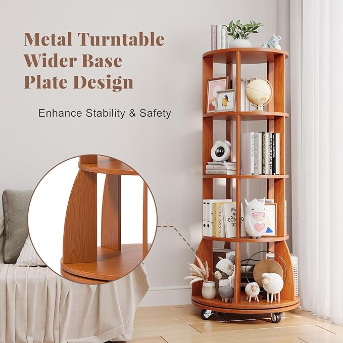 4 Tier Rotating Bookshelf with Brake Wheels, 360° Spinning Bookcase, Vertical - Image 4