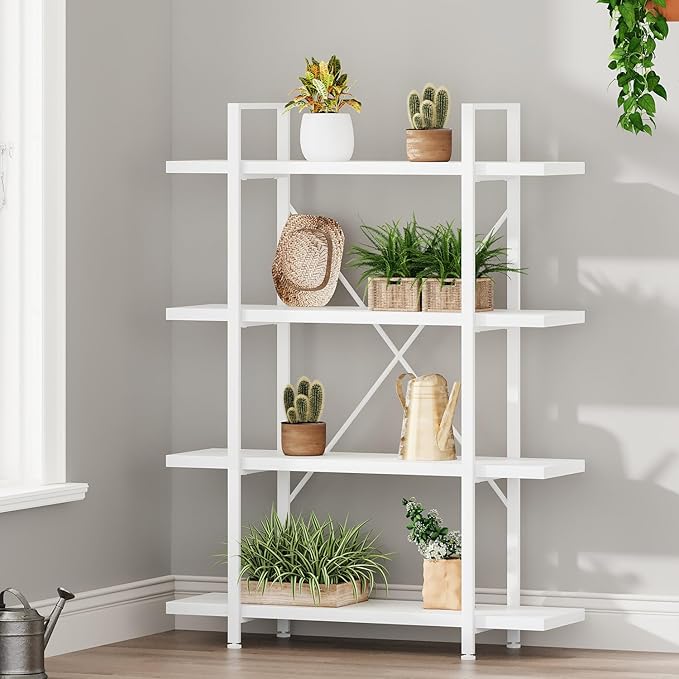 HSH 4 Tier White Bookshelf, Modern 4 Shelf Etagere Bookcase, Industrial Wood - Image 9