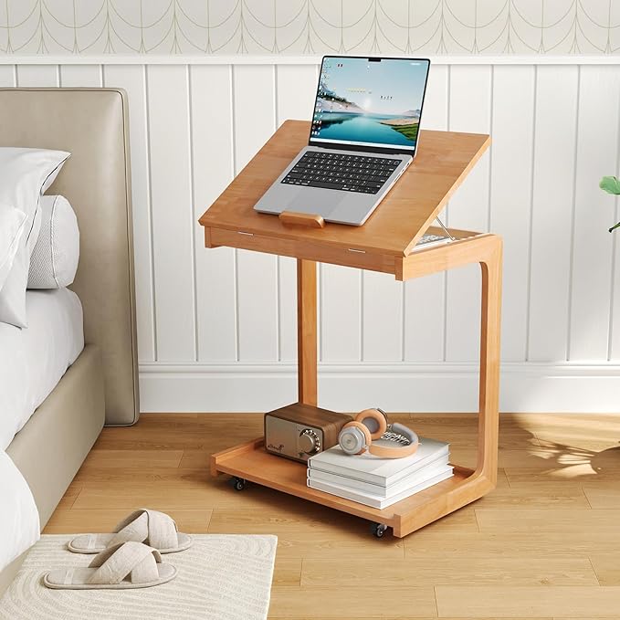 CozyDH Adjustable C Shaped End Table, Rolling Side Table Solid Wood TV Sofa - Image 7