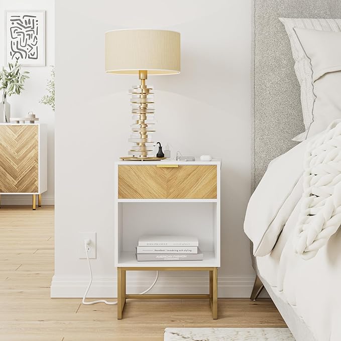 Masupu Nightstand with Charging Station, Modern Night Stand Boho Farmhouse Wood - Image 9