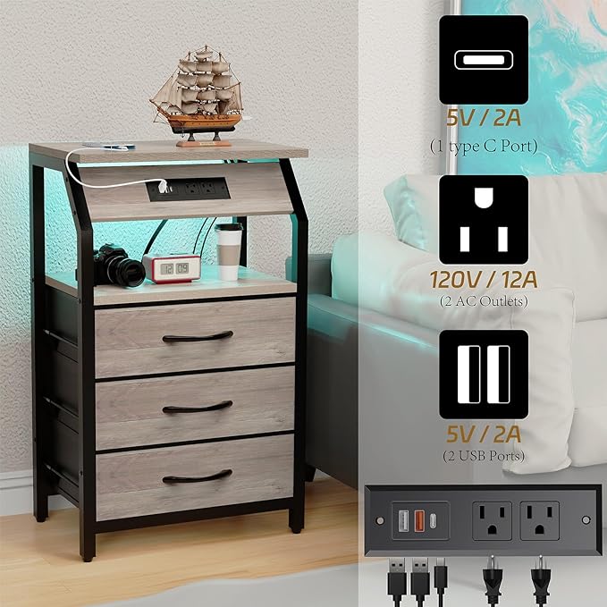 End Table with 3 Drawers, Night Stand with Charger Station and LED Lights - Image 4