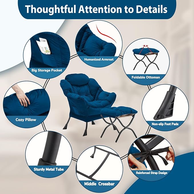 Lazy Chair with Folding Ottoman, Accent Chair Velvet Upholstered with Metal - Image 6