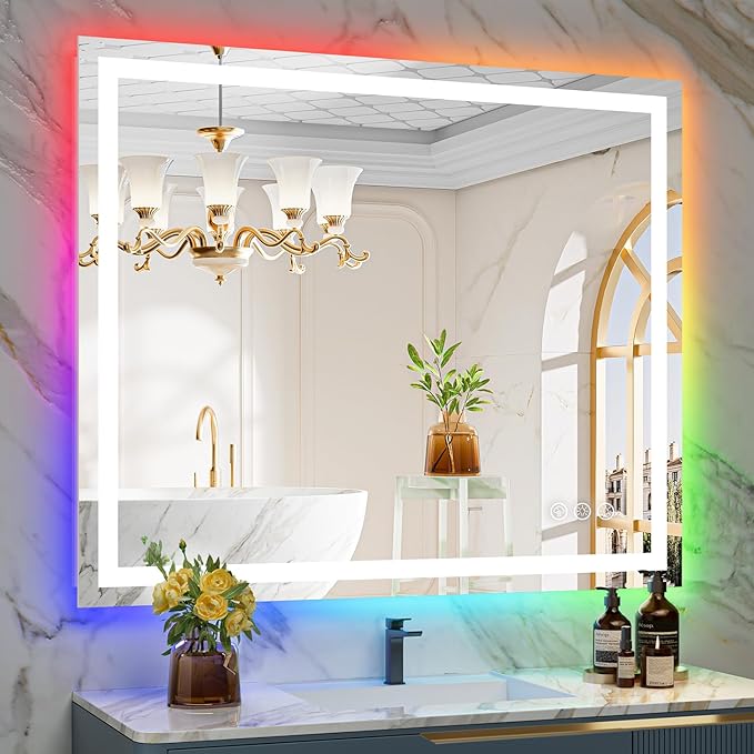 44x36 Inch RGB LED Bathroom Mirror Front Lit and RGB Backlit Lighted Vanity by YEELAIT