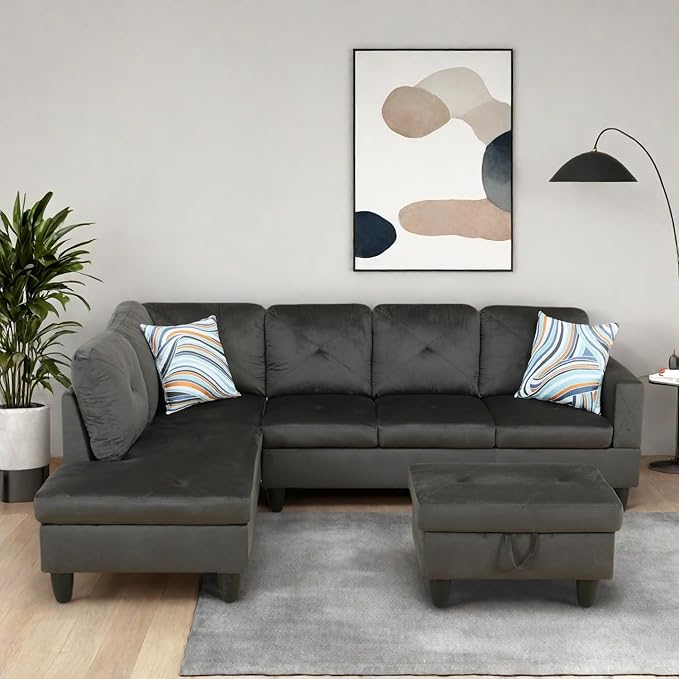L-Shaped Sectional Sofa with Ottoman, Right-Facing Modern Microfiber Couch - Image 3