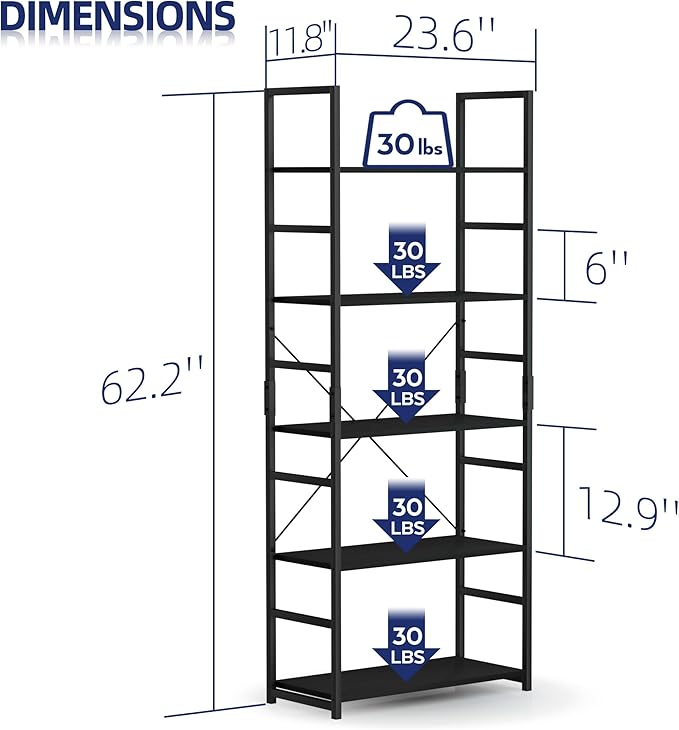 NUMENN 5 Tier Bookshelf, Tall Bookcase Shelf Storage Organizer, Modern Book - Image 3